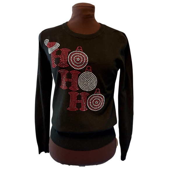 Vila Milano Black Rhinestone HO HO HO Lightweight Sweater, Womens size Medium - Picture 1 of 12